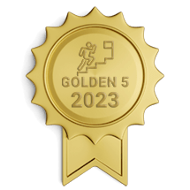 Odznak získaného ocenění Golden 5 v soutěži Zlatá firma pro společnost Vinyl House za výborné zákaznické recenze s průměrným hodnocením 5 hvězdiček z pěti