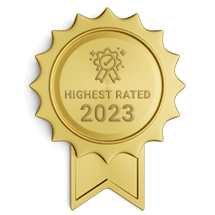 Odznak získaného ocenění Top Rated v soutěži Zlatá firma pro společnost Vinyl House za výborné zákaznické recenze s průměrným hodnocením 5 hvězdiček z pěti