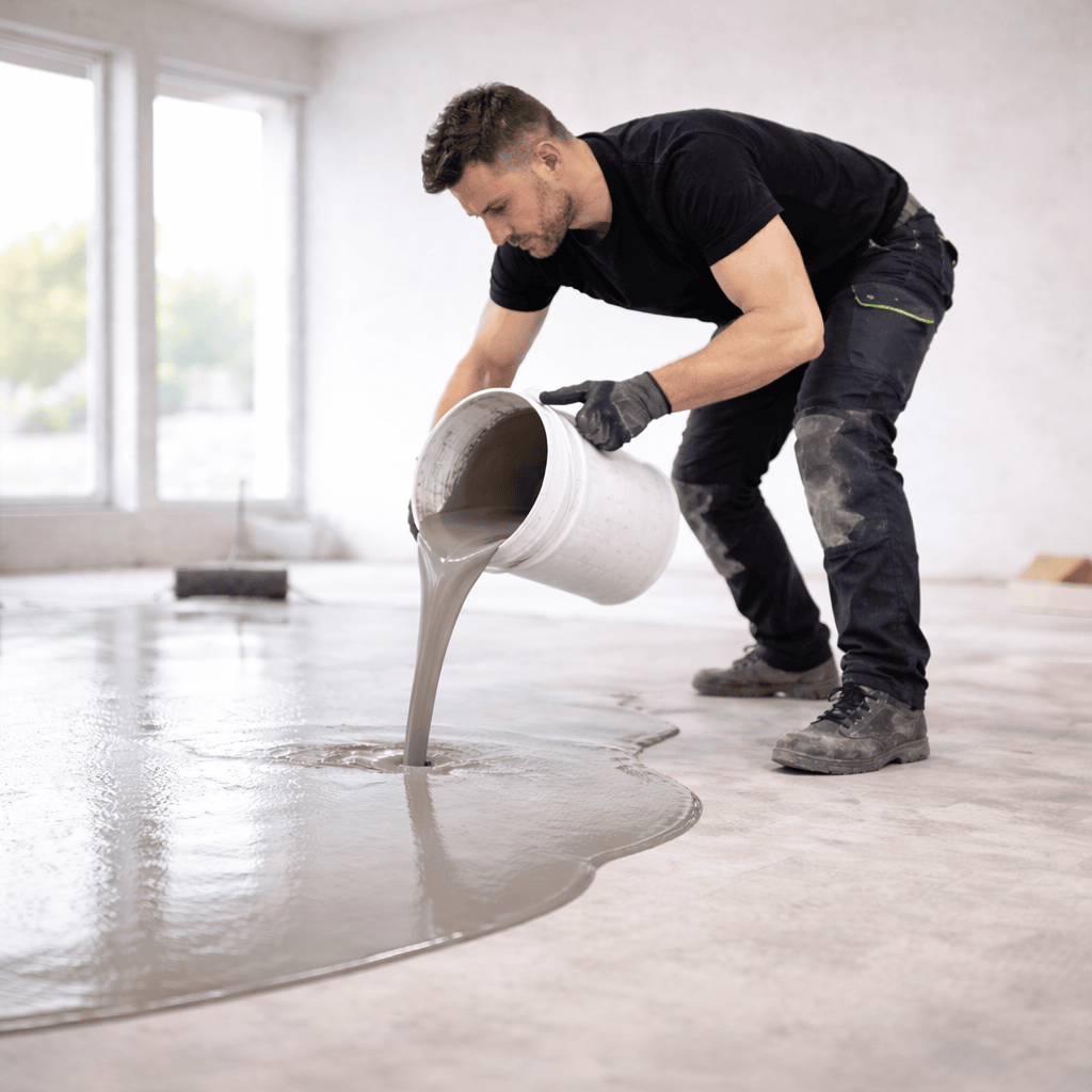 Pracovník Vinyl House vylévá samonivelační stěrku pro dokonale rovný povrch.